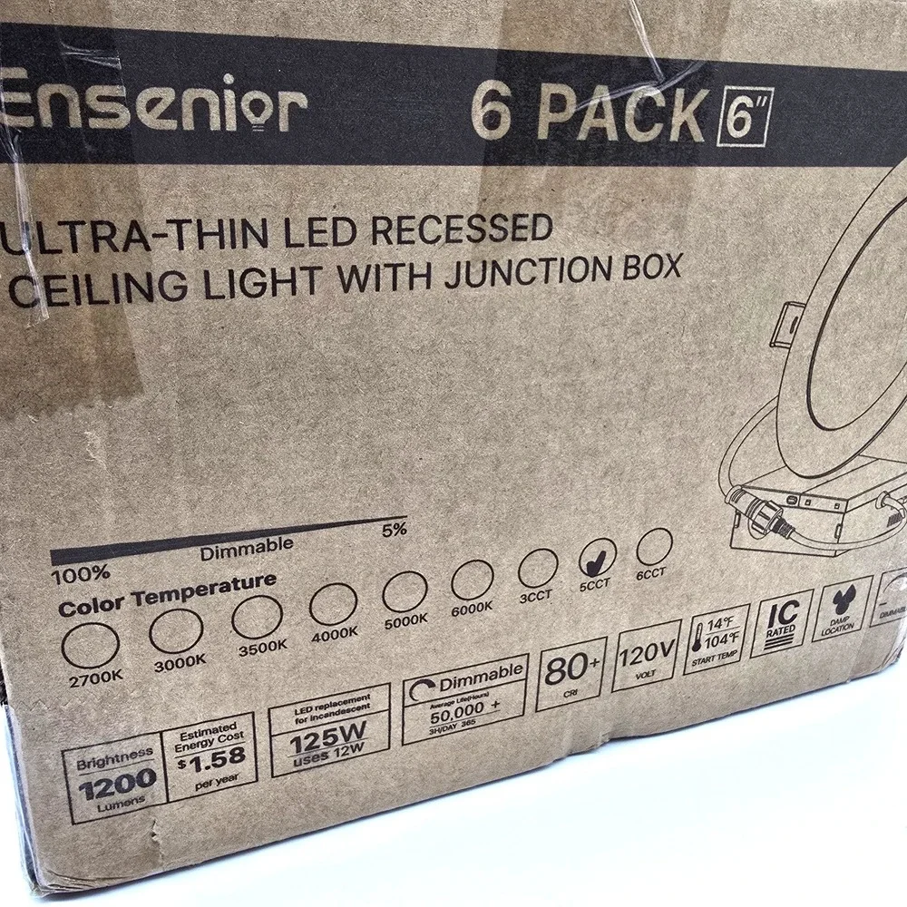 Ensenior 6 In LED Recessed Light‎ Canless Wafer 1200LM 5CCT Dimmable Black 12W